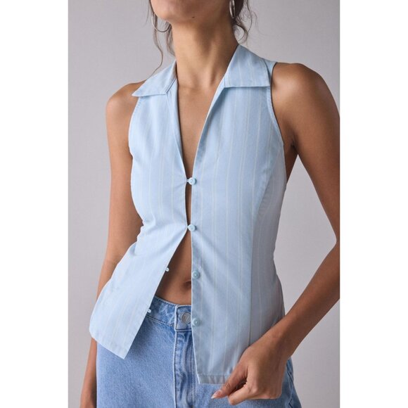 UO Party Girl Cotton-Blend Button Down Sleeveless Shirt Women Medium Blue Stripe - Picture 3 of 16